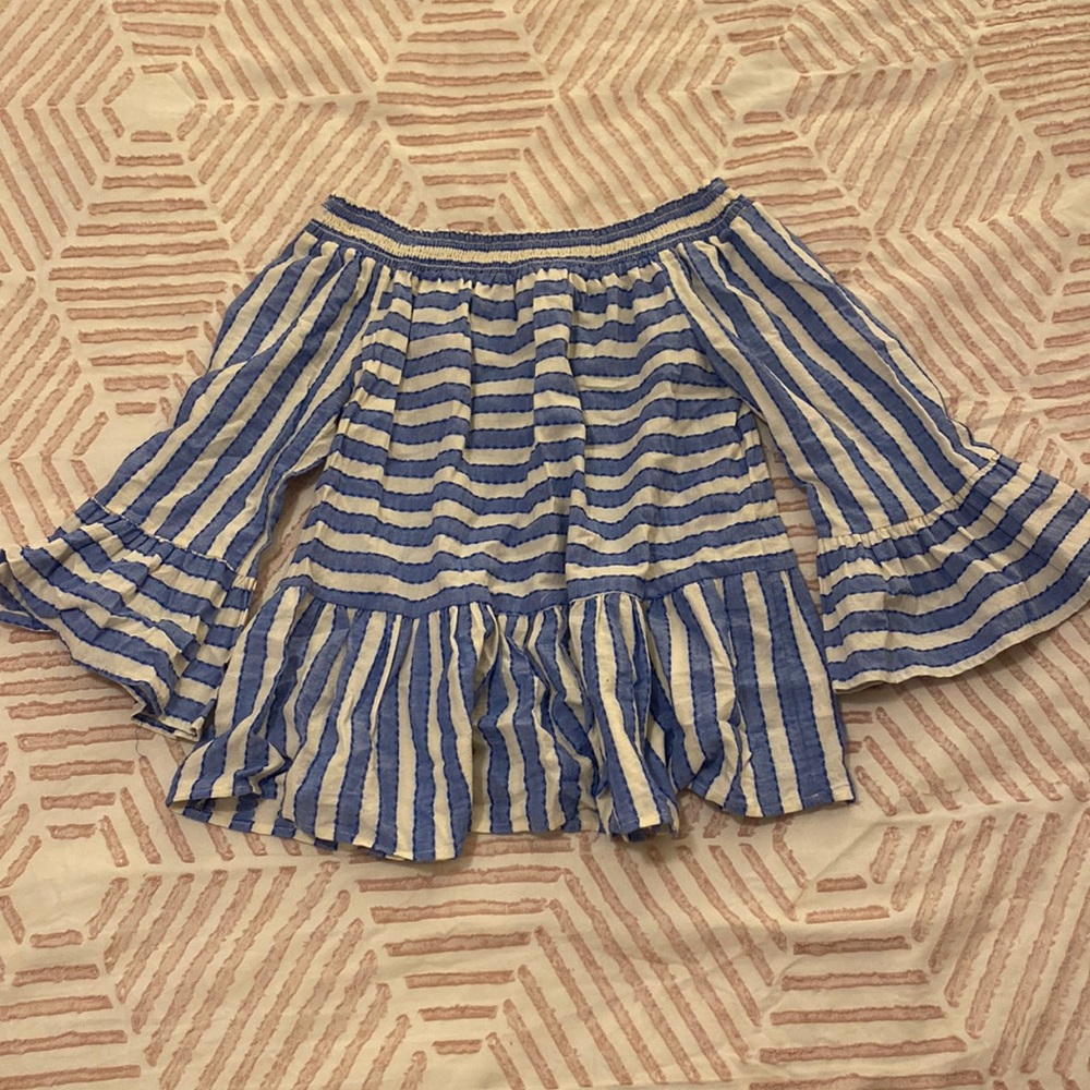 Maeve Anthropologie Striped Off The Shoulder Bell Sleeve Cotton Blouse